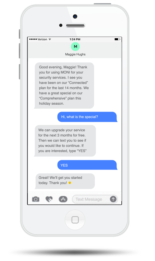 A text message interaction between customer service and a customer on an iPhone