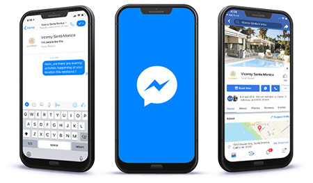 Facebook Messenger app displayed on three aligned smartphones