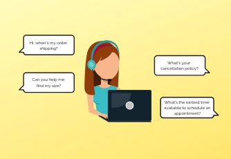 Graphic of a customer service agent with a laptop communicating with a customer