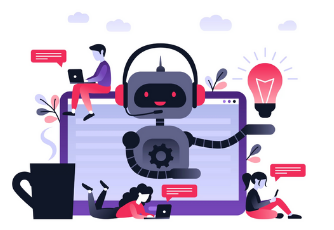 Chatbots and eCommerce graphic with happy robot and vector images