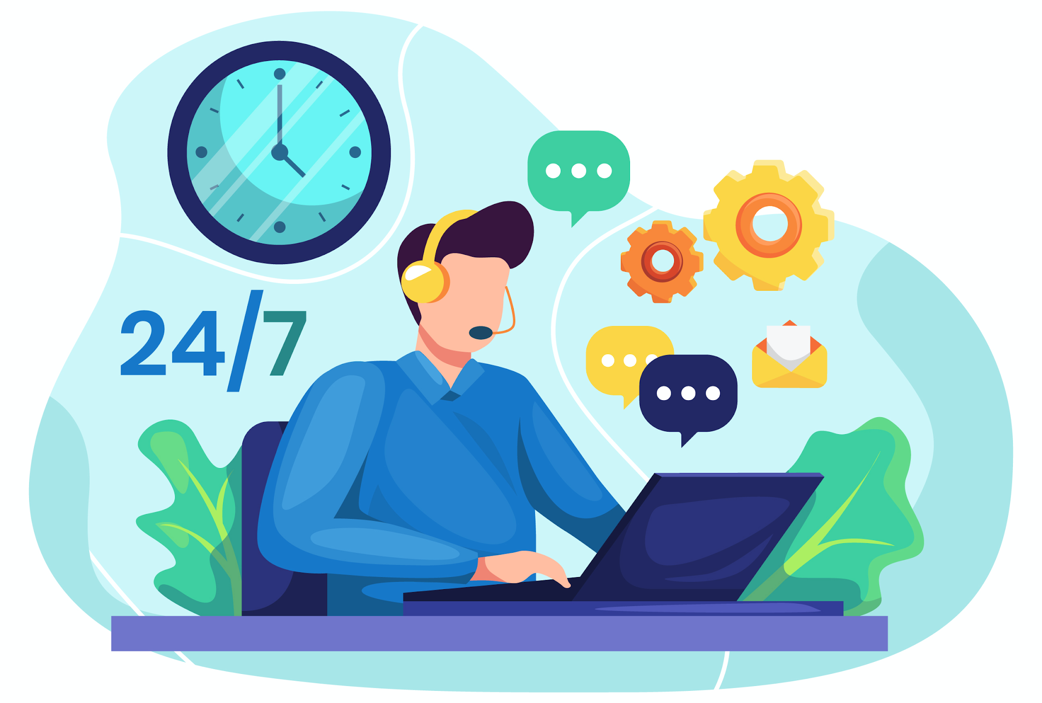 Vector graphic of 24/7 customer service representative answering messages from his laptop