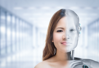 image of a woman on the left combined with a cyborg on the right
