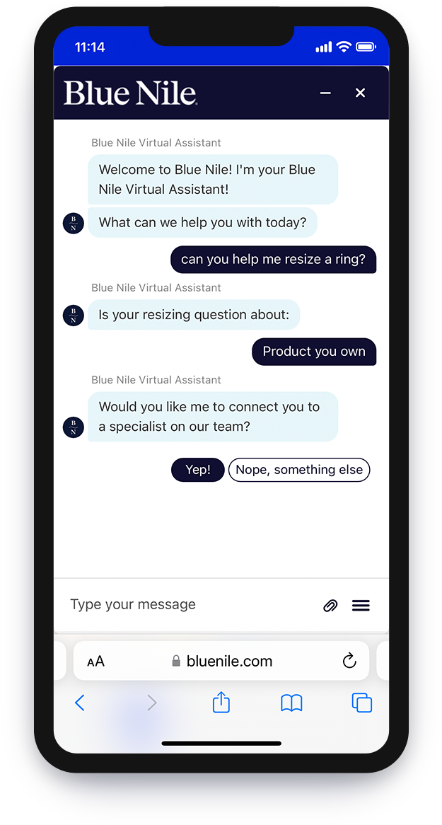 Blue Nile: customer chat screenshot.